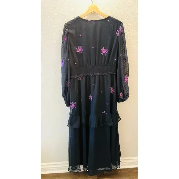 ASOS Embroidered Shirred Waist Tea Dress Charcoal Purple Midi Sz 10 Whimsigoth - Picture 7 of 10